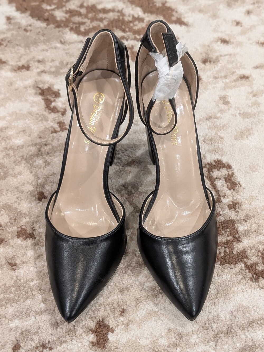 Black Pointed Toe Ankle Strap Block Heel Pumps - Picture 2 of 7